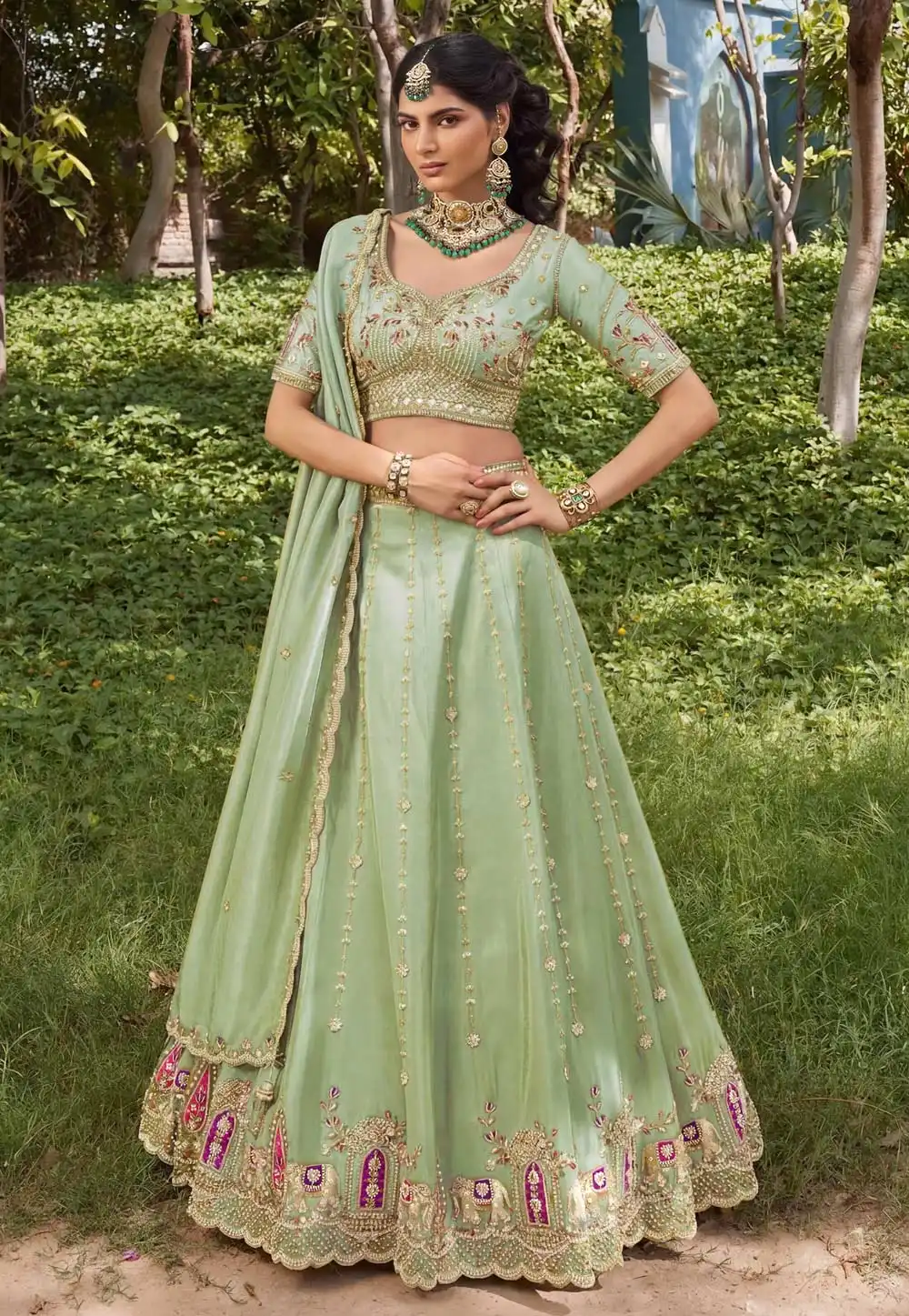 Pista Green Tissue Lehenga Choli For Wedding 329223