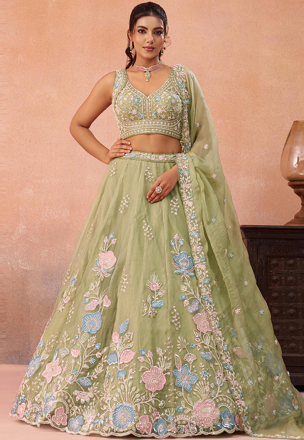 Pista Green Tissue Lehenga Choli For Wedding 326168