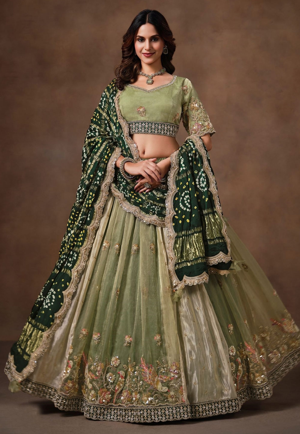 Pista Green Tissue Lehenga Choli For Wedding 329133