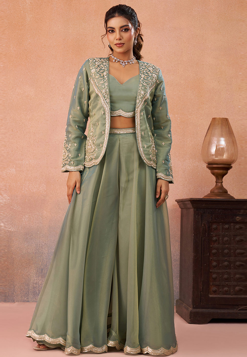 Pista Green Tissue Palazzo With Crop Top 326282