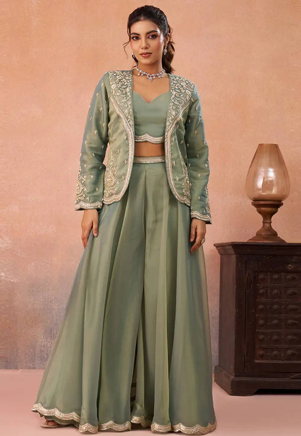 Pista Green Tissue Palazzo With Crop Top 326282