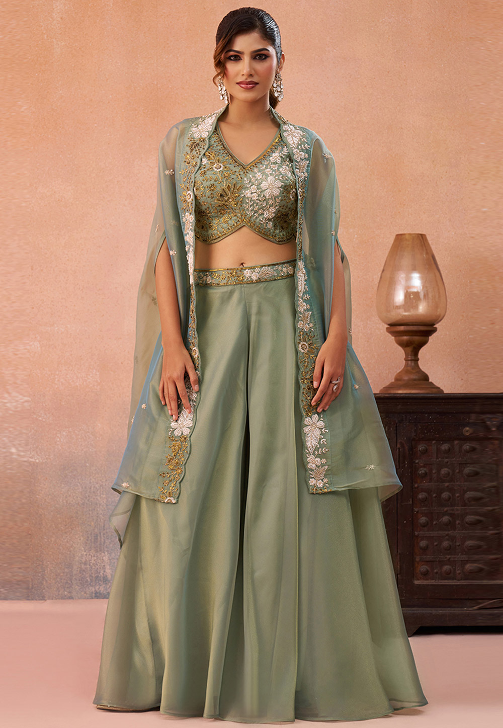 Pista Green Tissue Palazzo With Crop Top 326286