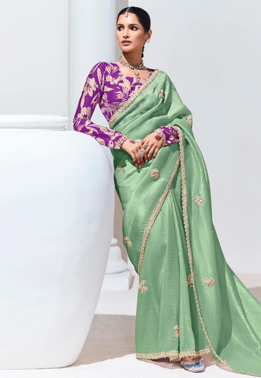 Pista Green Tissue Saree With Blouse 307792