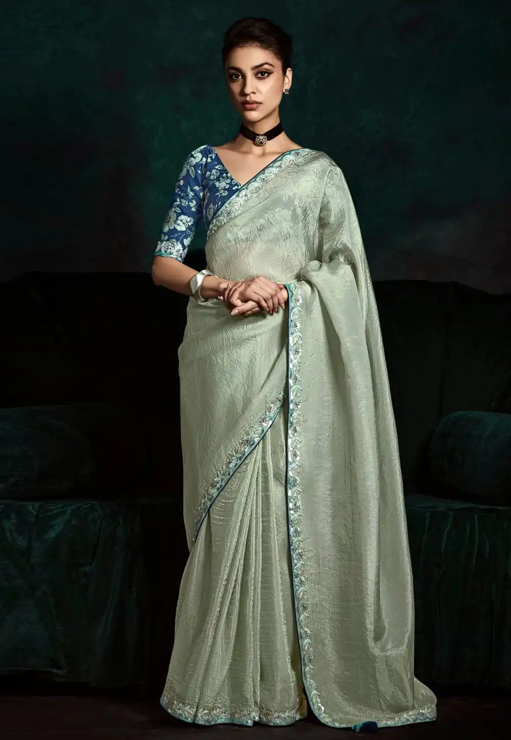 Pista Green Tissue Saree With Blouse 315760