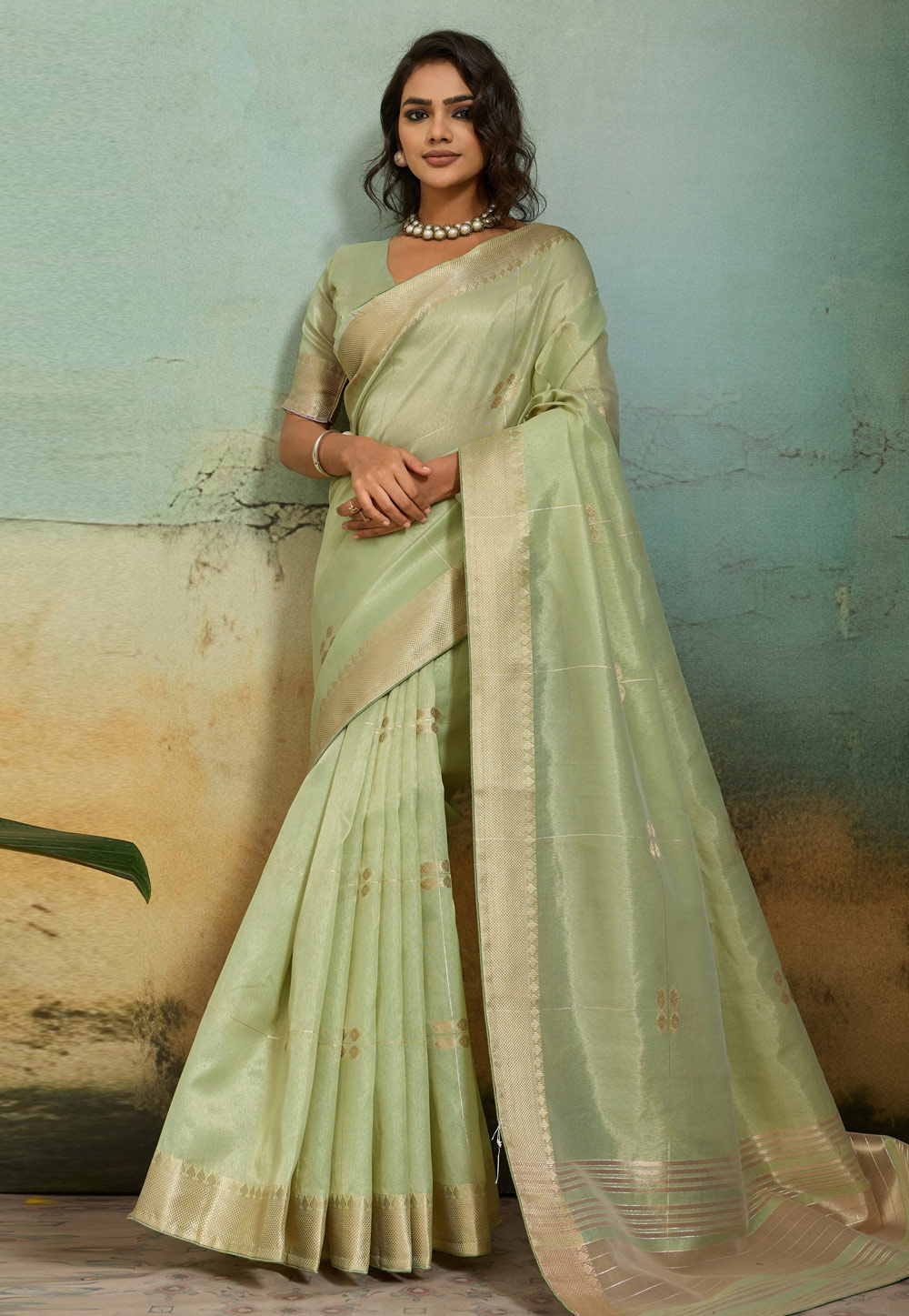 Pista Green Tissue Saree With Blouse 327547