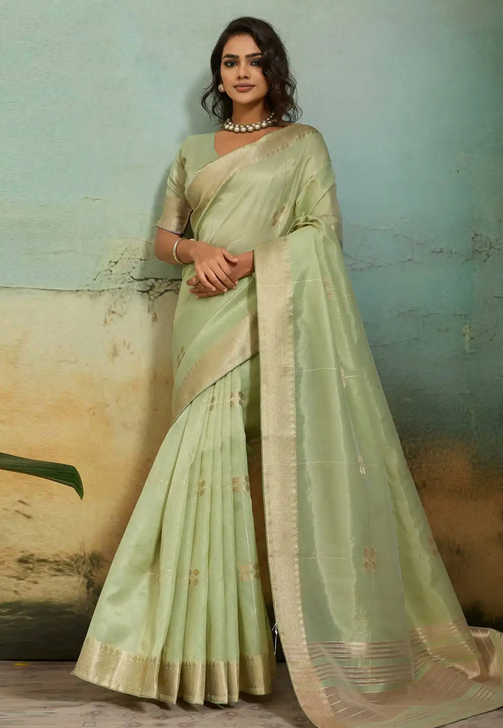 Pista Green Tissue Saree With Blouse 327547