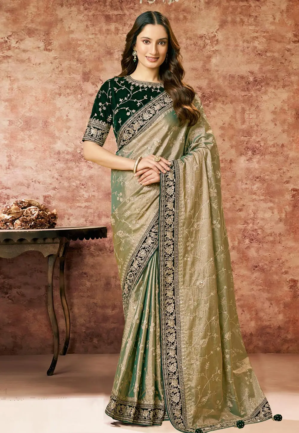 Pista Green Tissue Saree With Blouse 335091