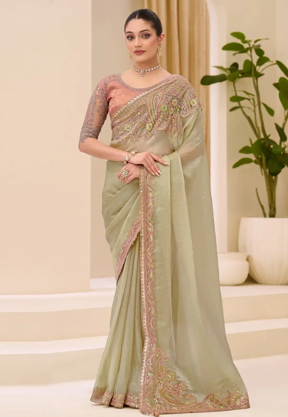 Pista Green Tissue Saree With Blouse 326392