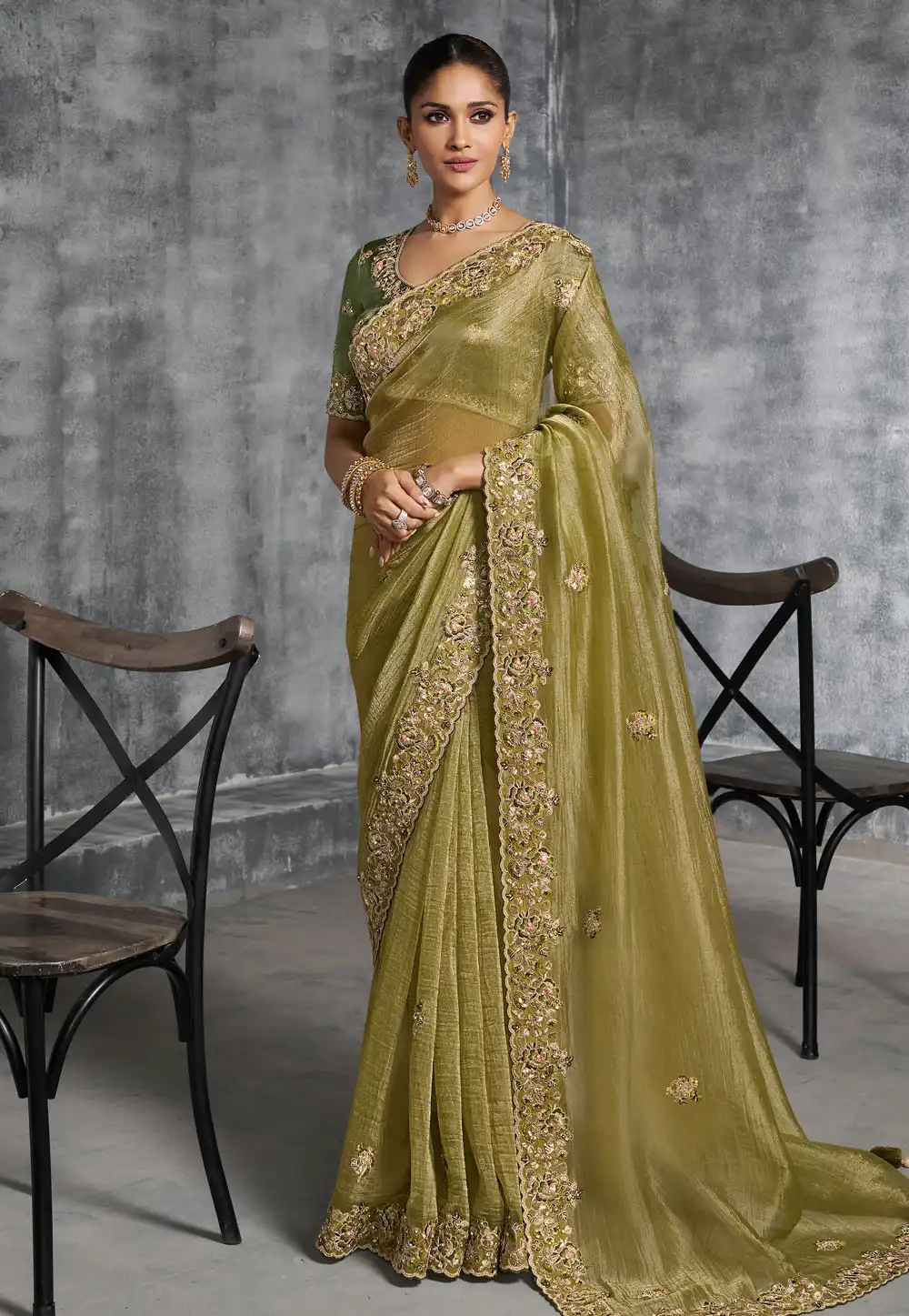 Pista Green Tissue Saree With Blouse 317937