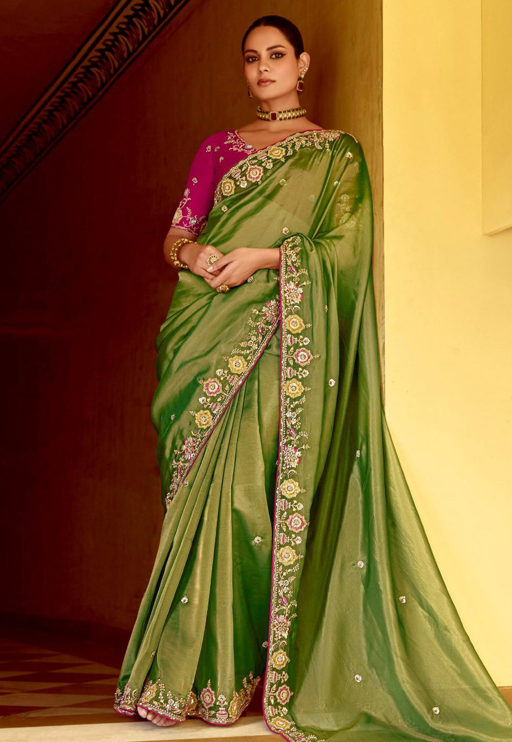 Pista Green Tissue Saree With Blouse 306249