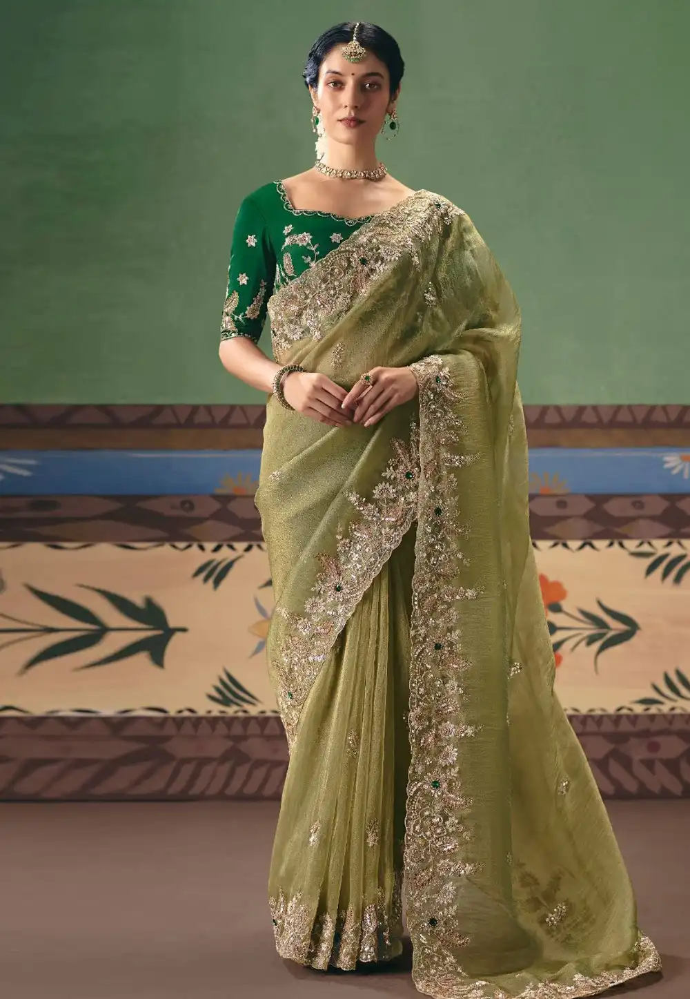 Pista Green Tissue Saree With Blouse 324643