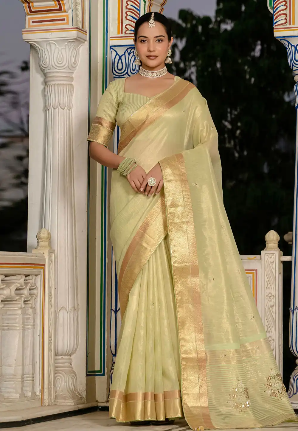 Pista Green Tissue Saree With Blouse 313347