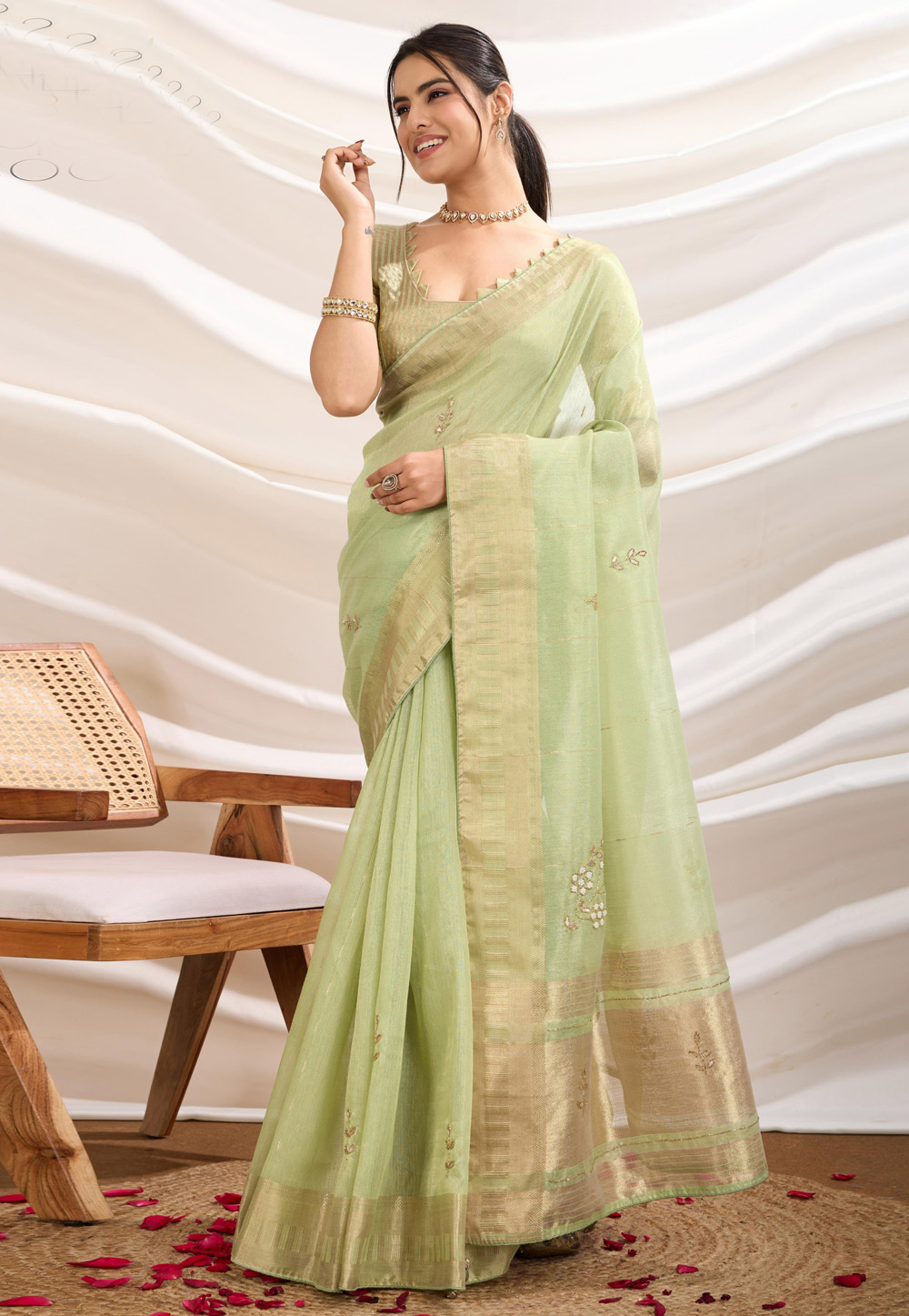 Pista Green Tissue Saree With Blouse 307250