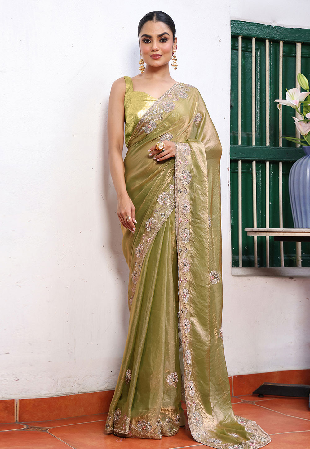 Pista Green Tissue Saree With Blouse 319982