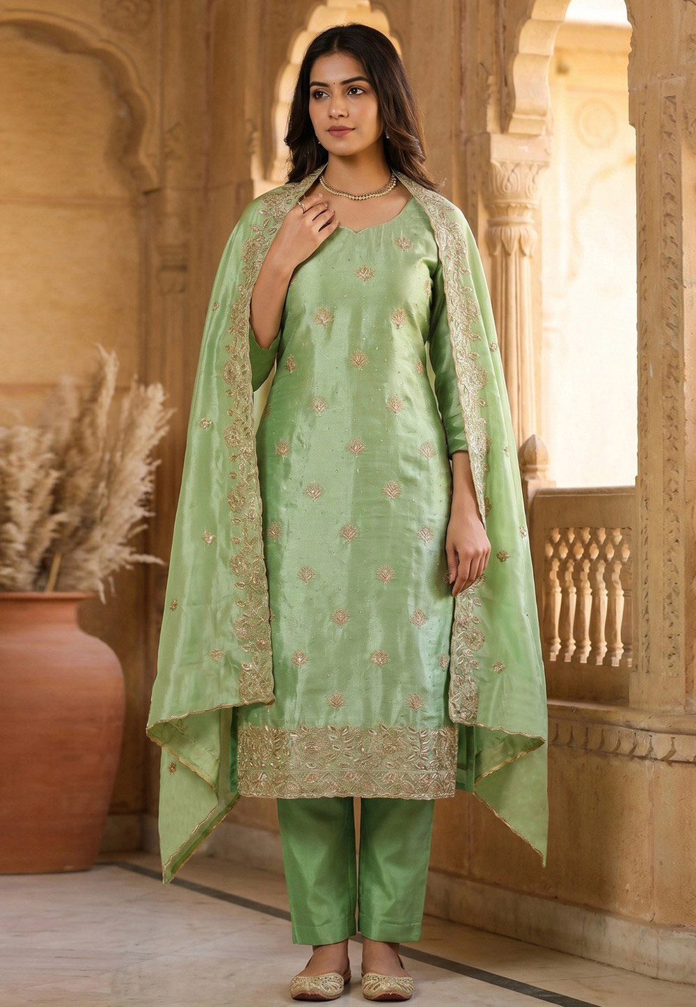 Pista Green Tissue Silk Pant Style Suit 329586