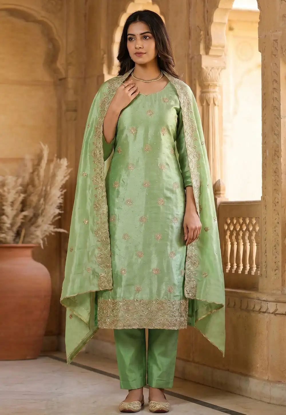 Pista Green Tissue Silk Pant Style Suit 329586