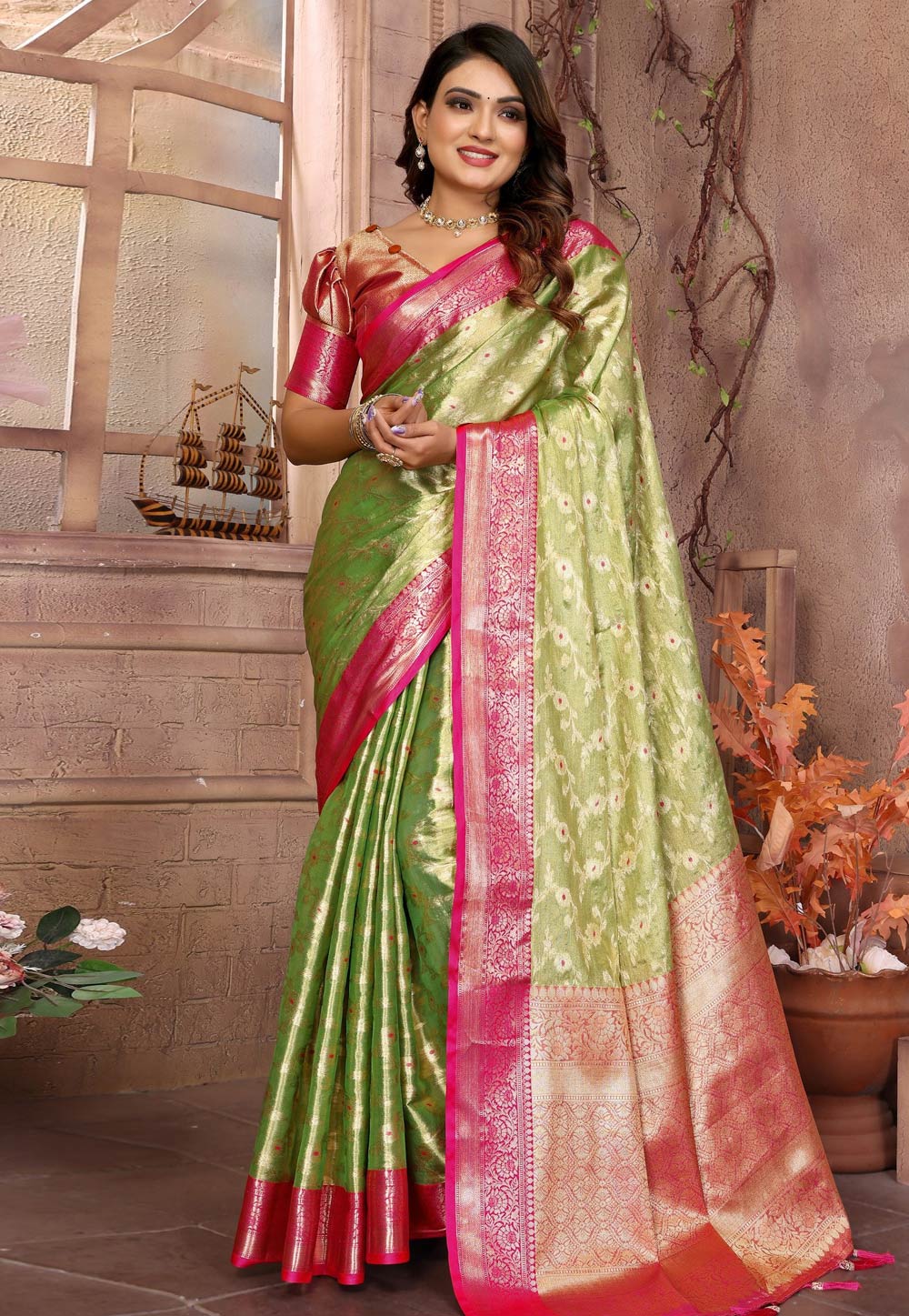 Pista Green Tissue Silk Saree With Blouse 308863