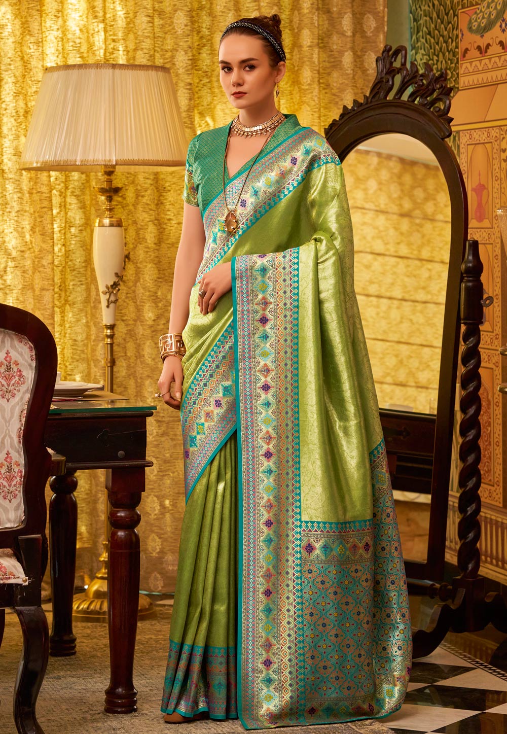 Pista Green Tissue Silk Saree With Blouse 307219