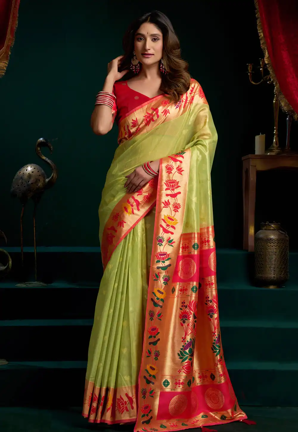 Pista Green Tissue Silk Saree With Blouse 325405