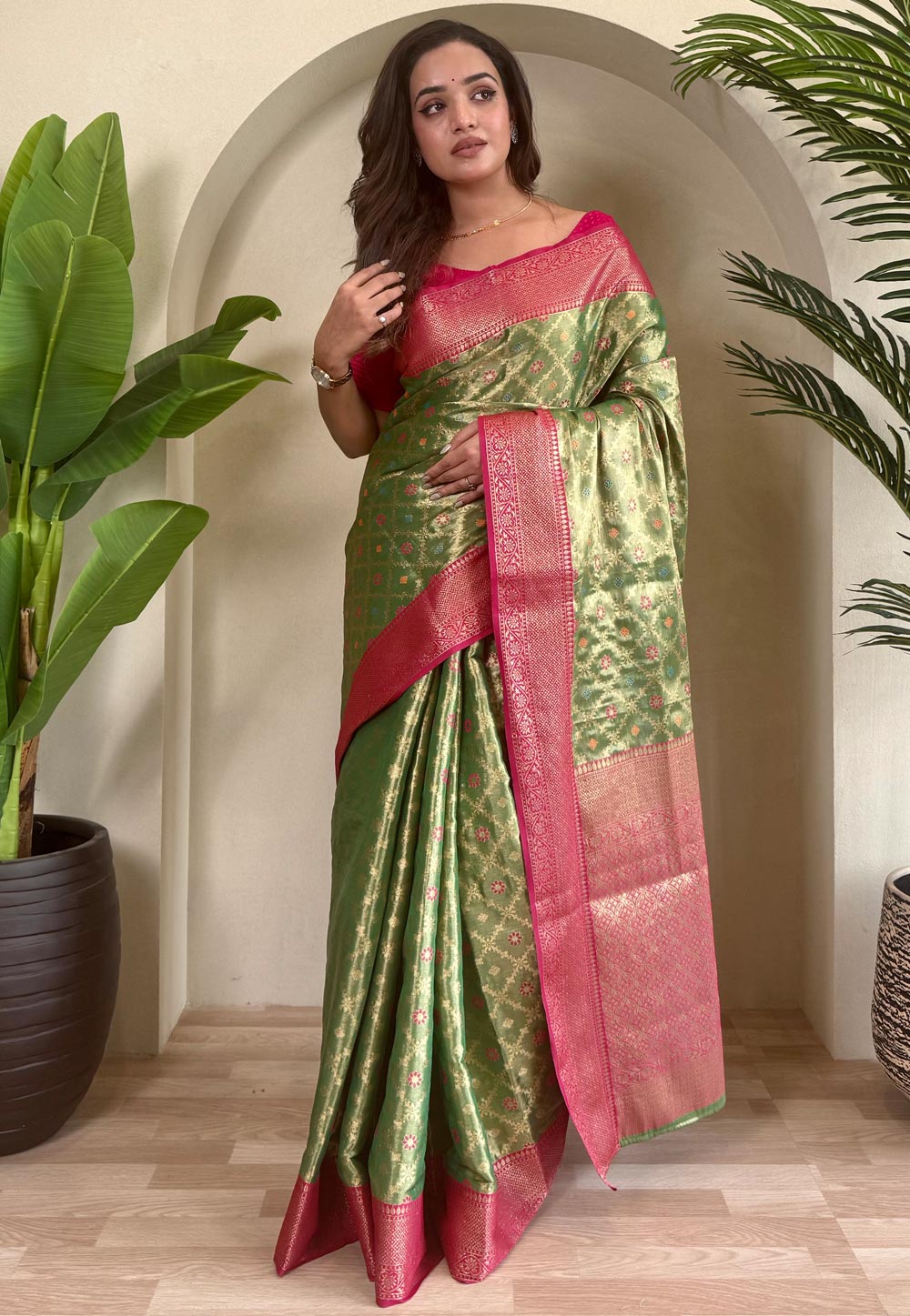 Pista Green Tissue Silk Saree With Blouse 308215