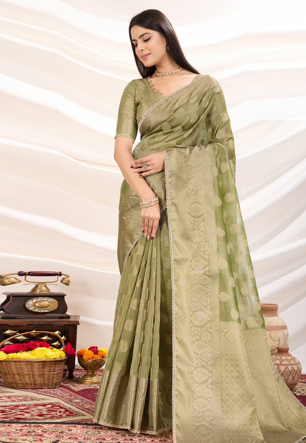 Pista Green Tissue Silk Saree With Blouse 308250