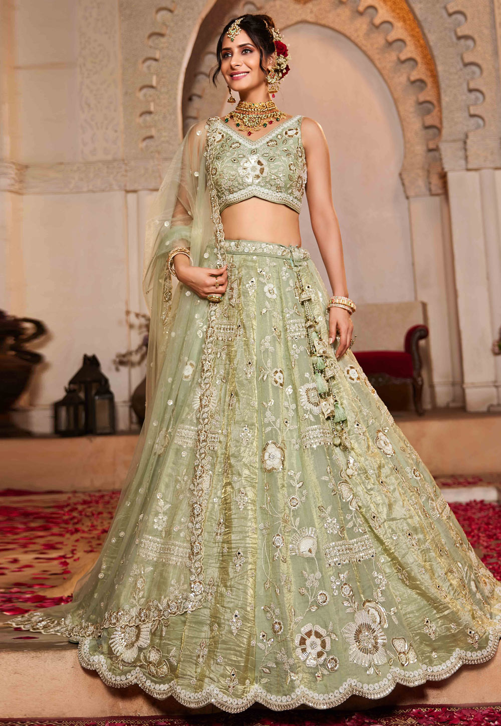 Pista Green Tissue Wedding Lehenga Choli 306623