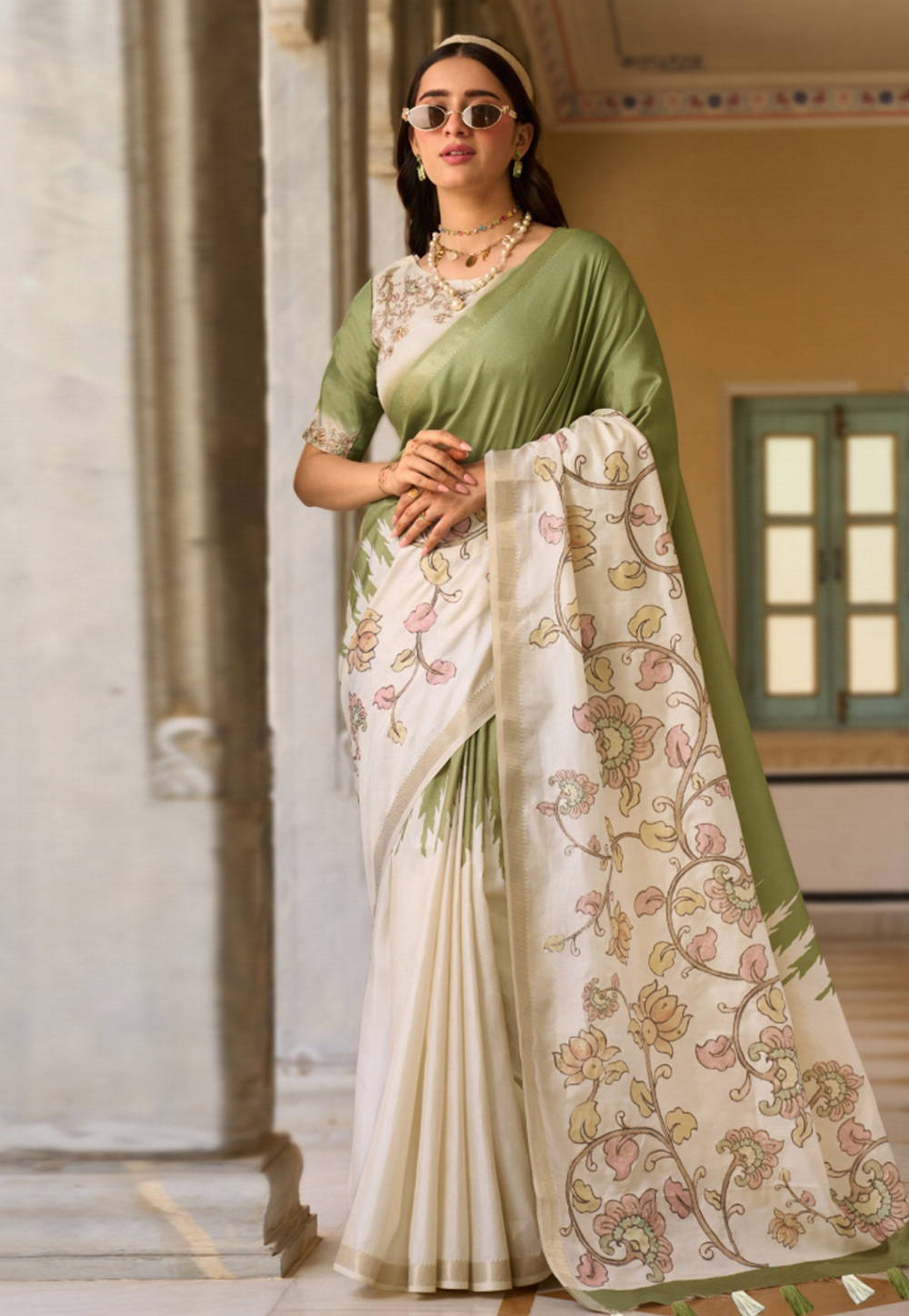Pista Green Tussar Silk Half N Half Saree 326840