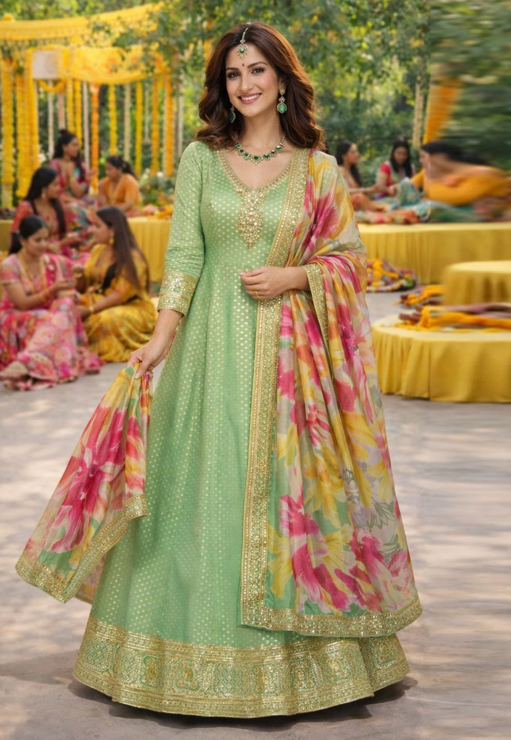 Pista Green Viscose Jacquard Anarkali Suit 323116