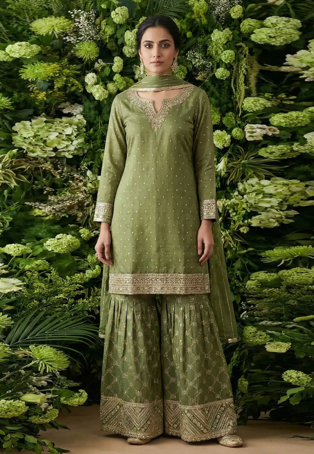 Pista Green Viscose Jacquard Sharara Suit 321431