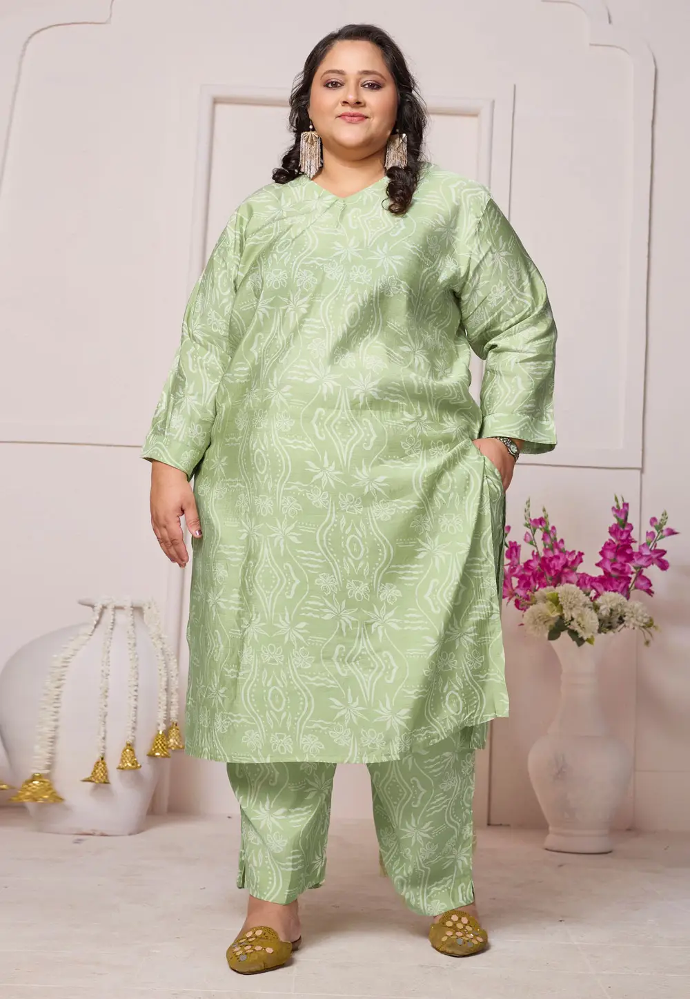 Pista Green Viscose Kurta Set With Palazzo 336961