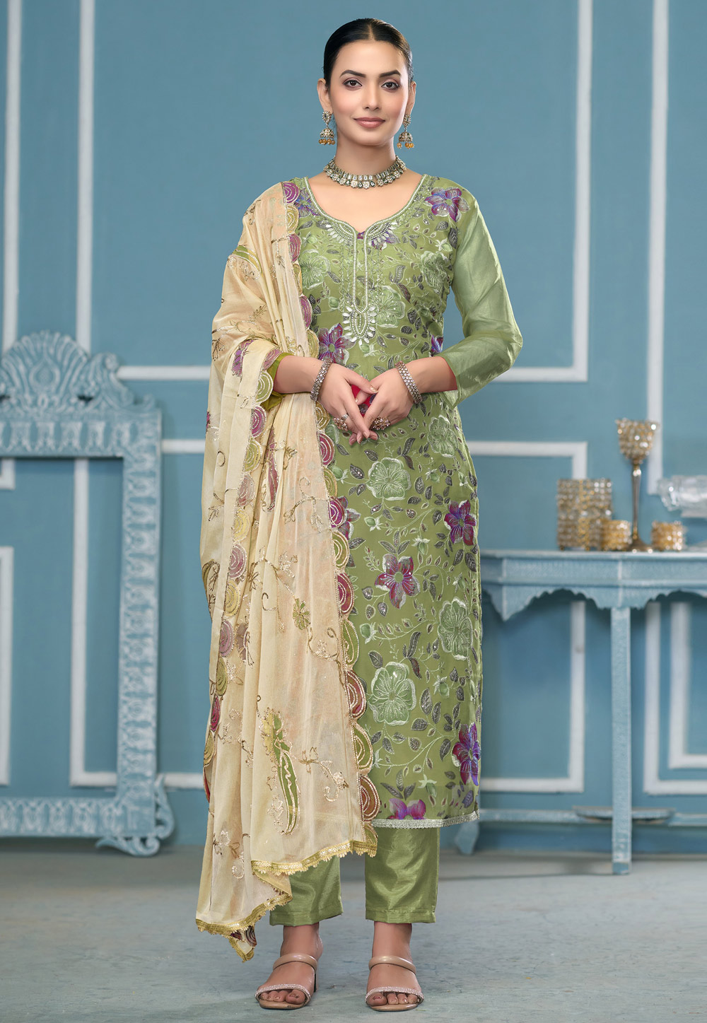 Pista Green Viscose Pakistani Suit 307436
