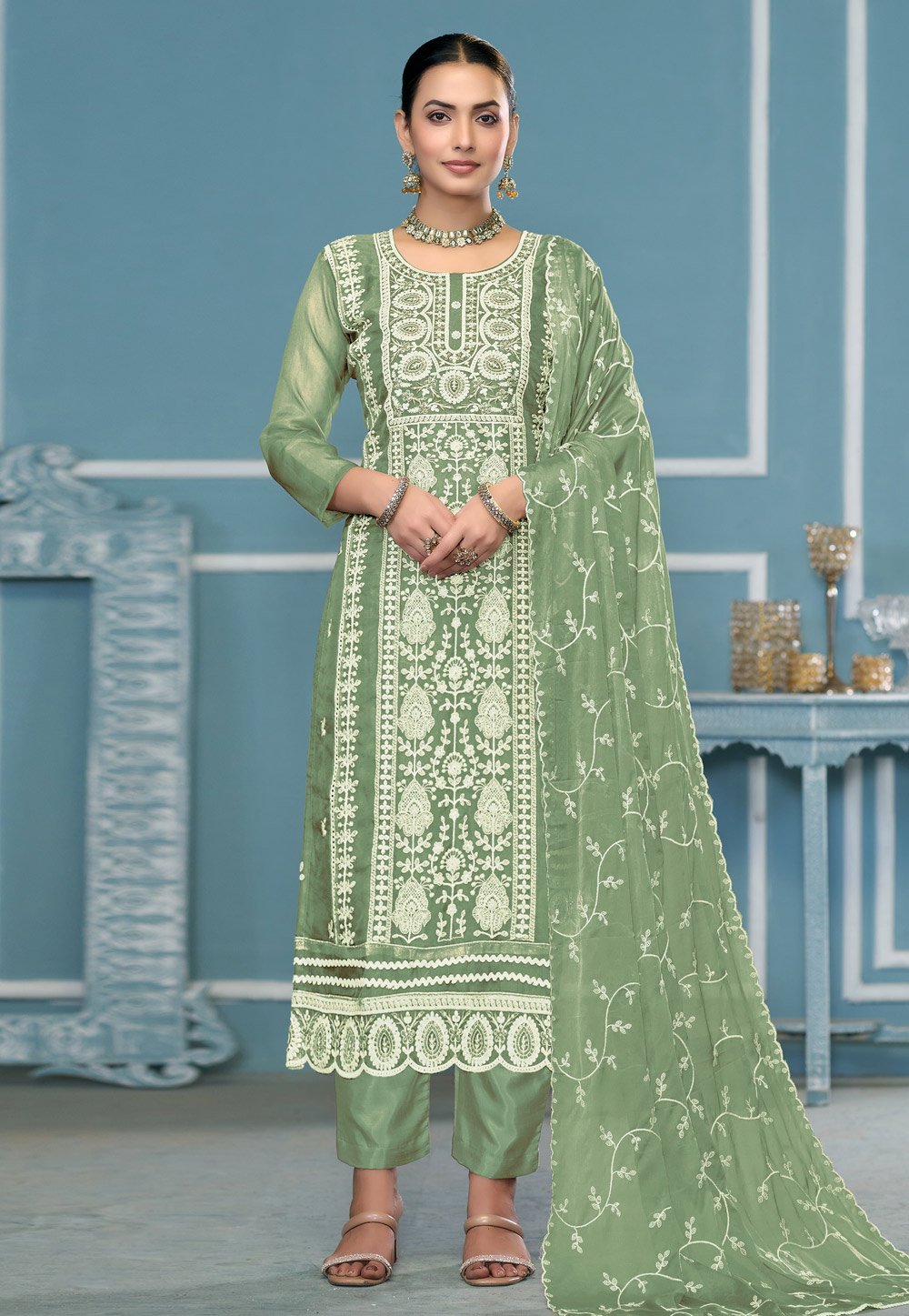Pista Green Viscose Pant Style Suit 306835