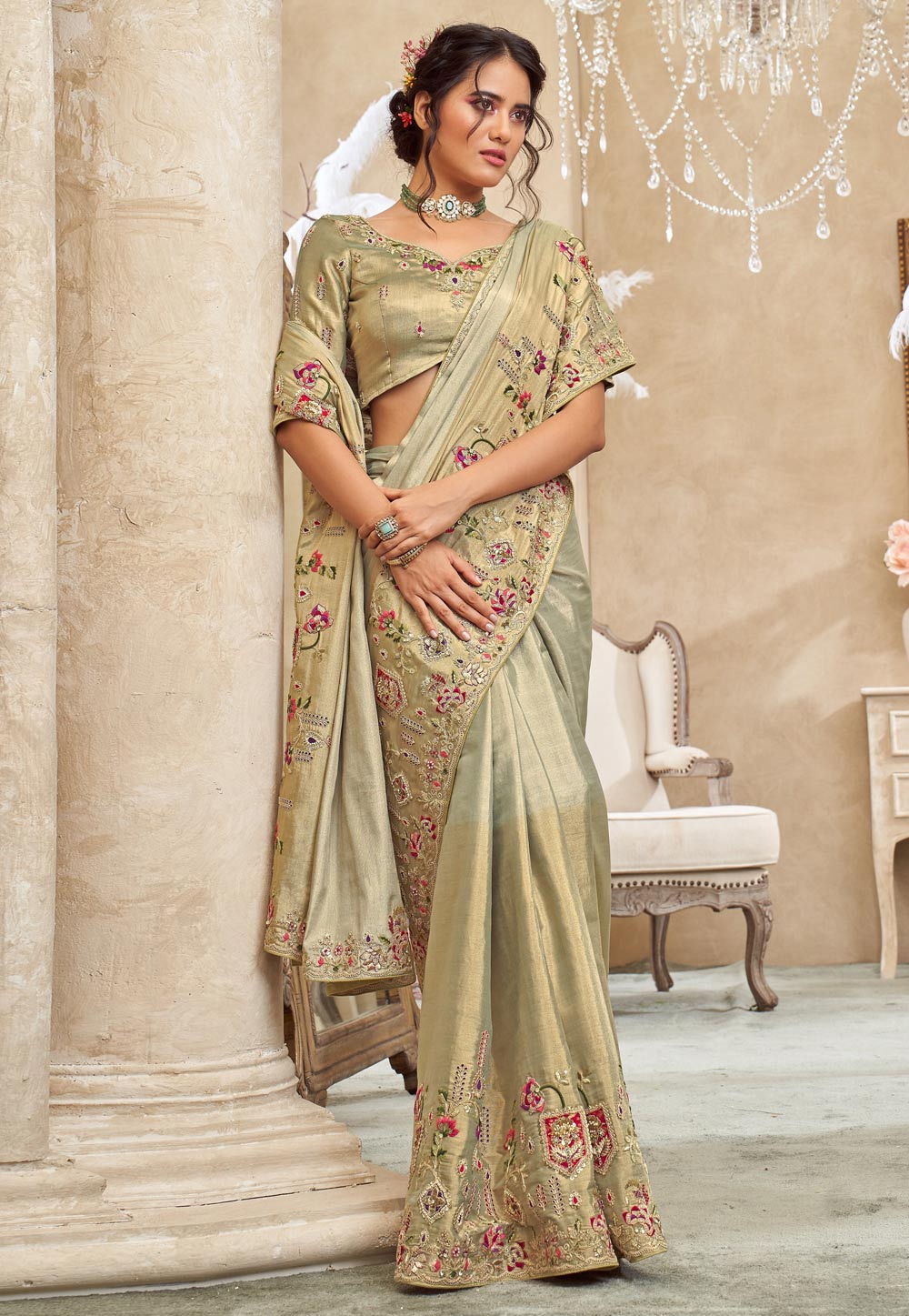 Pista Green Viscose Saree With Blouse 322566