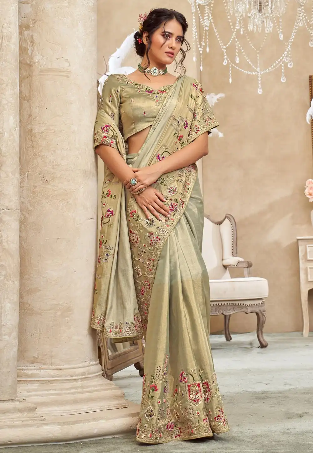 Pista Green Viscose Saree With Blouse 322566