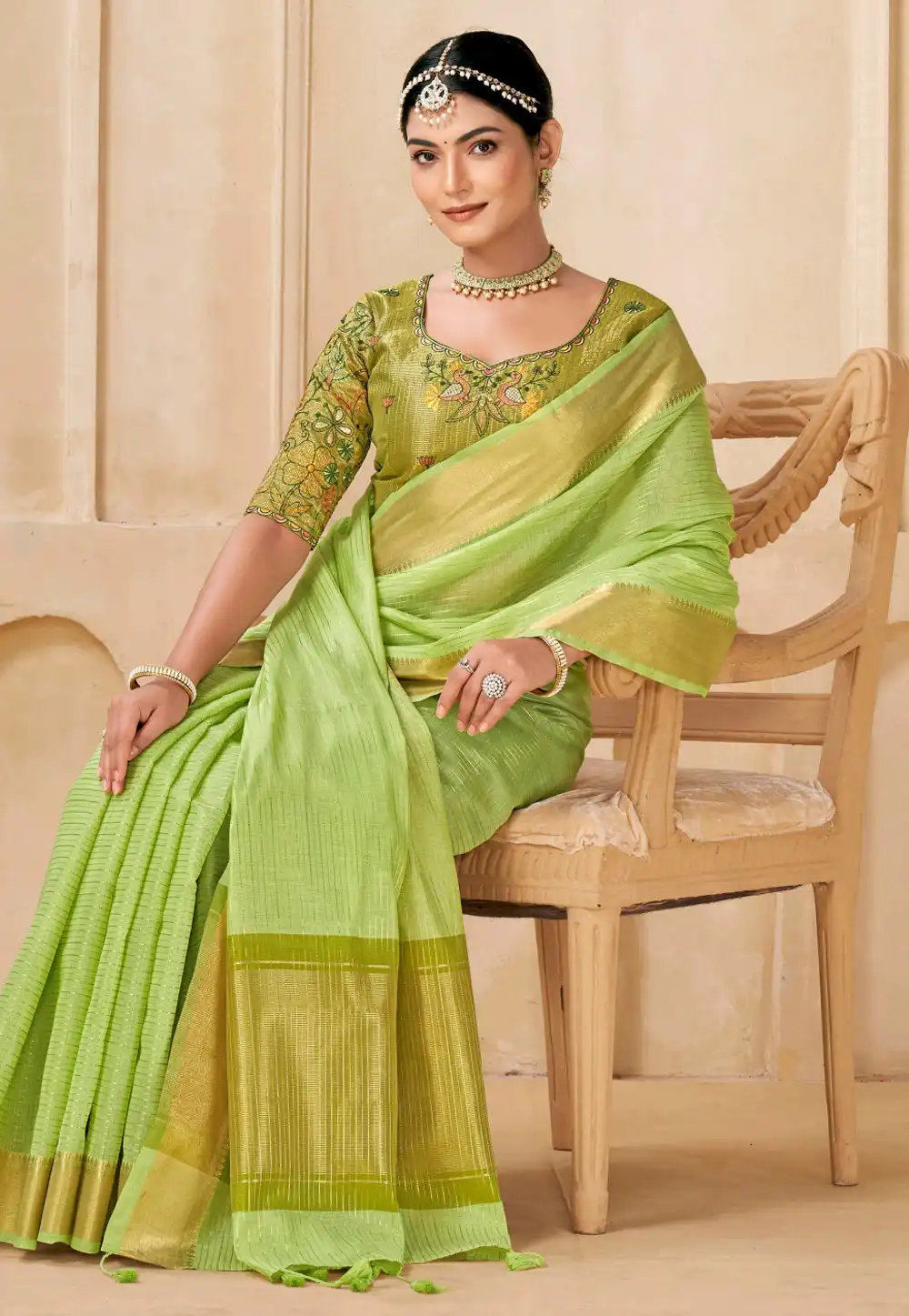 Pista Green Viscose Saree With Blouse 313200