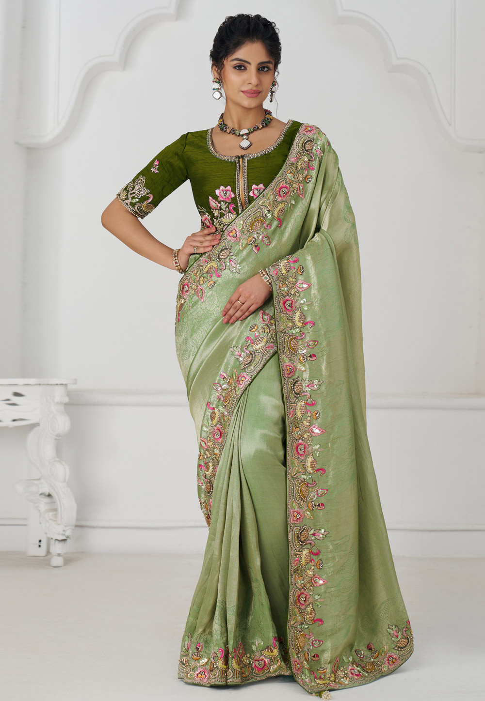 Pista Green Viscose Saree With Blouse 308982