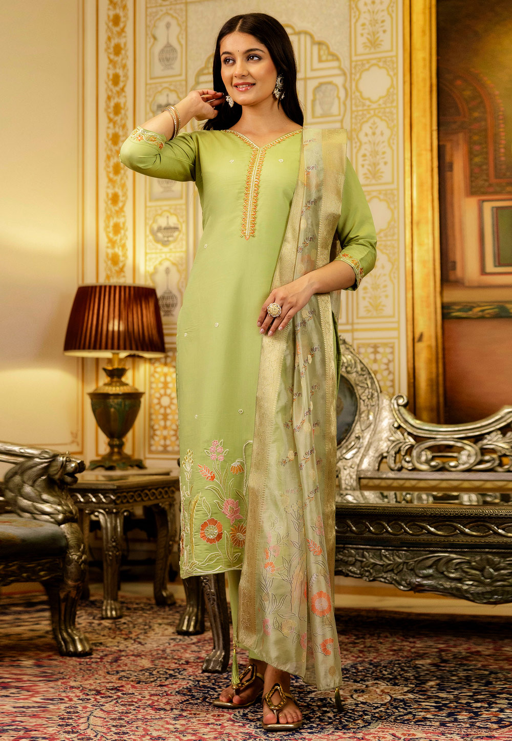 Pista Green Viscose Shimmer Readymade Pant Style Suit 319896