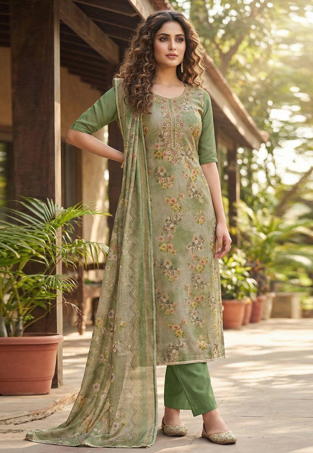 Pista Green Viscose Straight Suit 326474