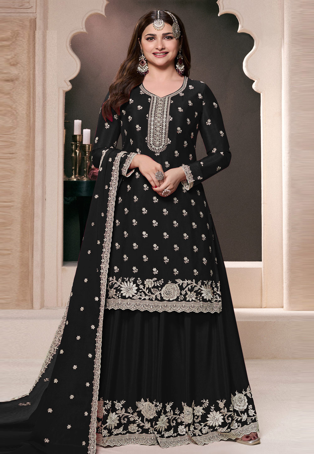 Prachi Desai Black Chinon Palazzo Suit 307560