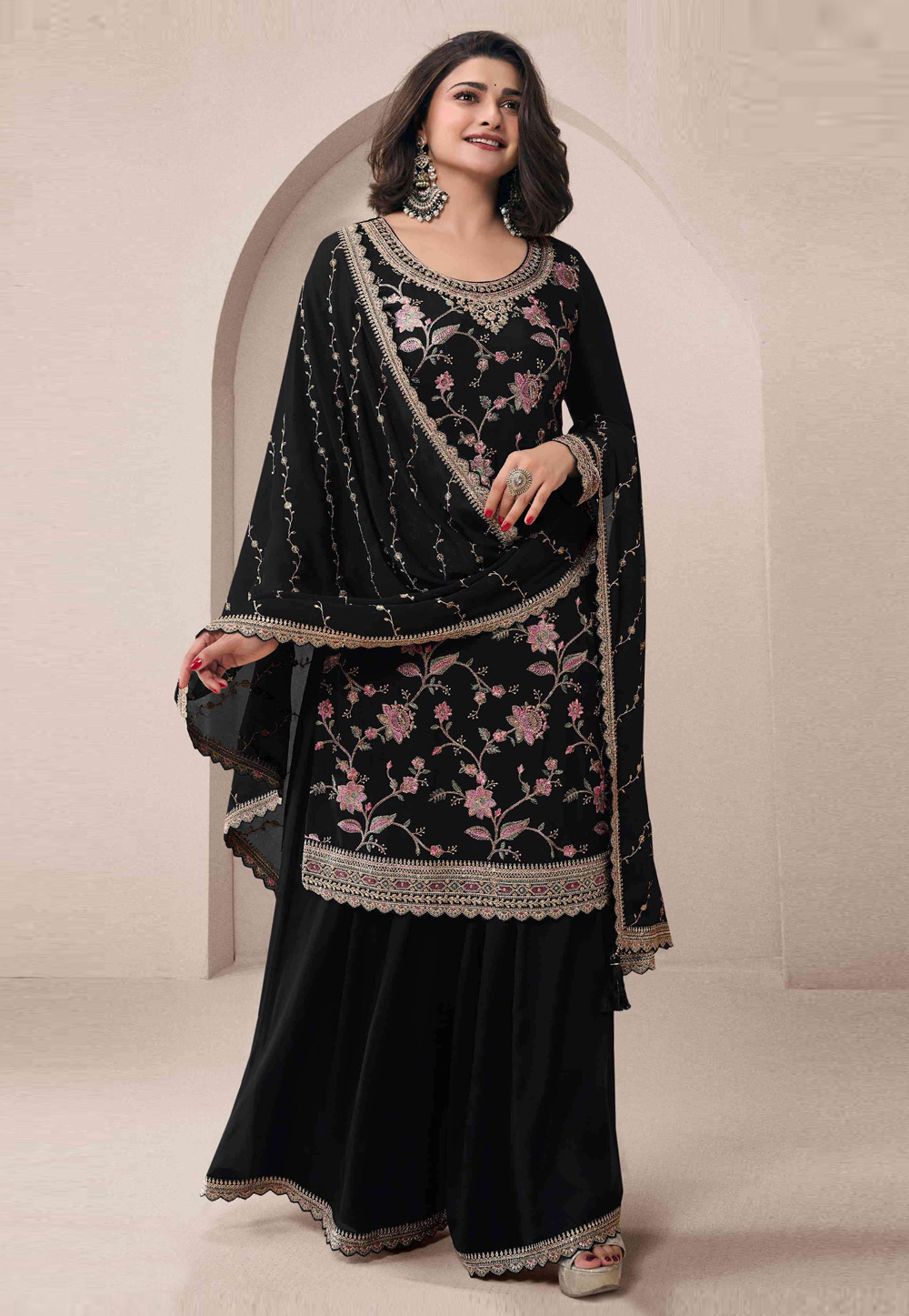 Prachi Desai Black Chinon Sharara Suit 308826