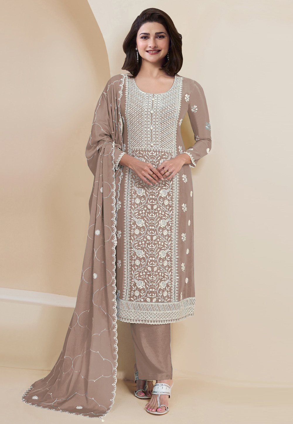 Prachi Desai Brown Faux Georgette Pant Style Suit 307485