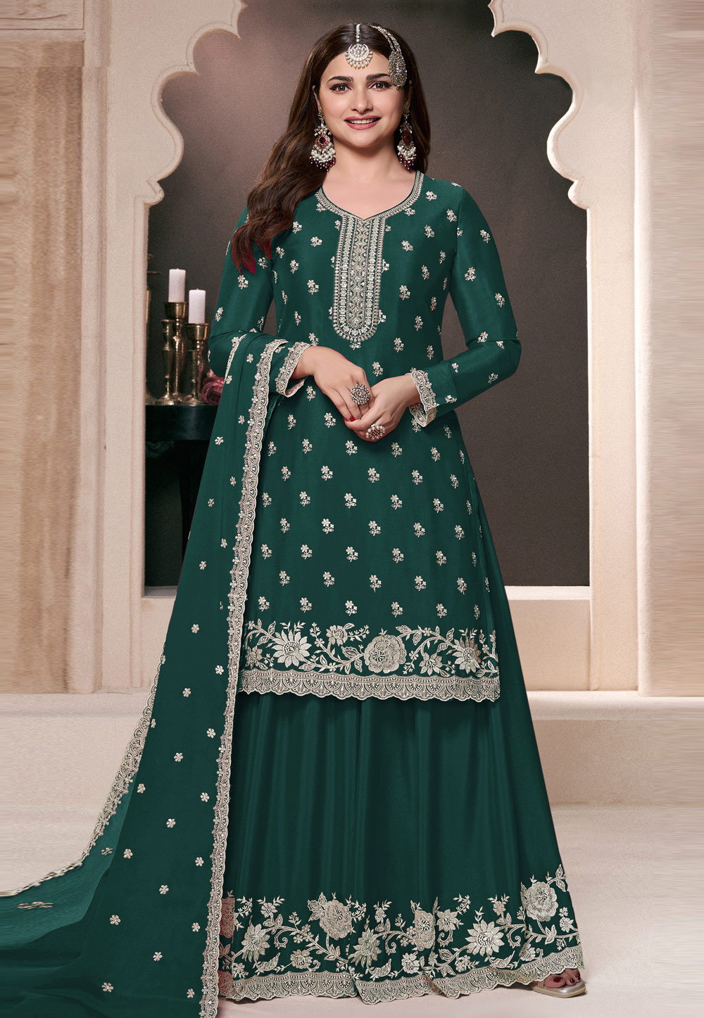 Prachi Desai Green Chinon Pakistani Suit 307555