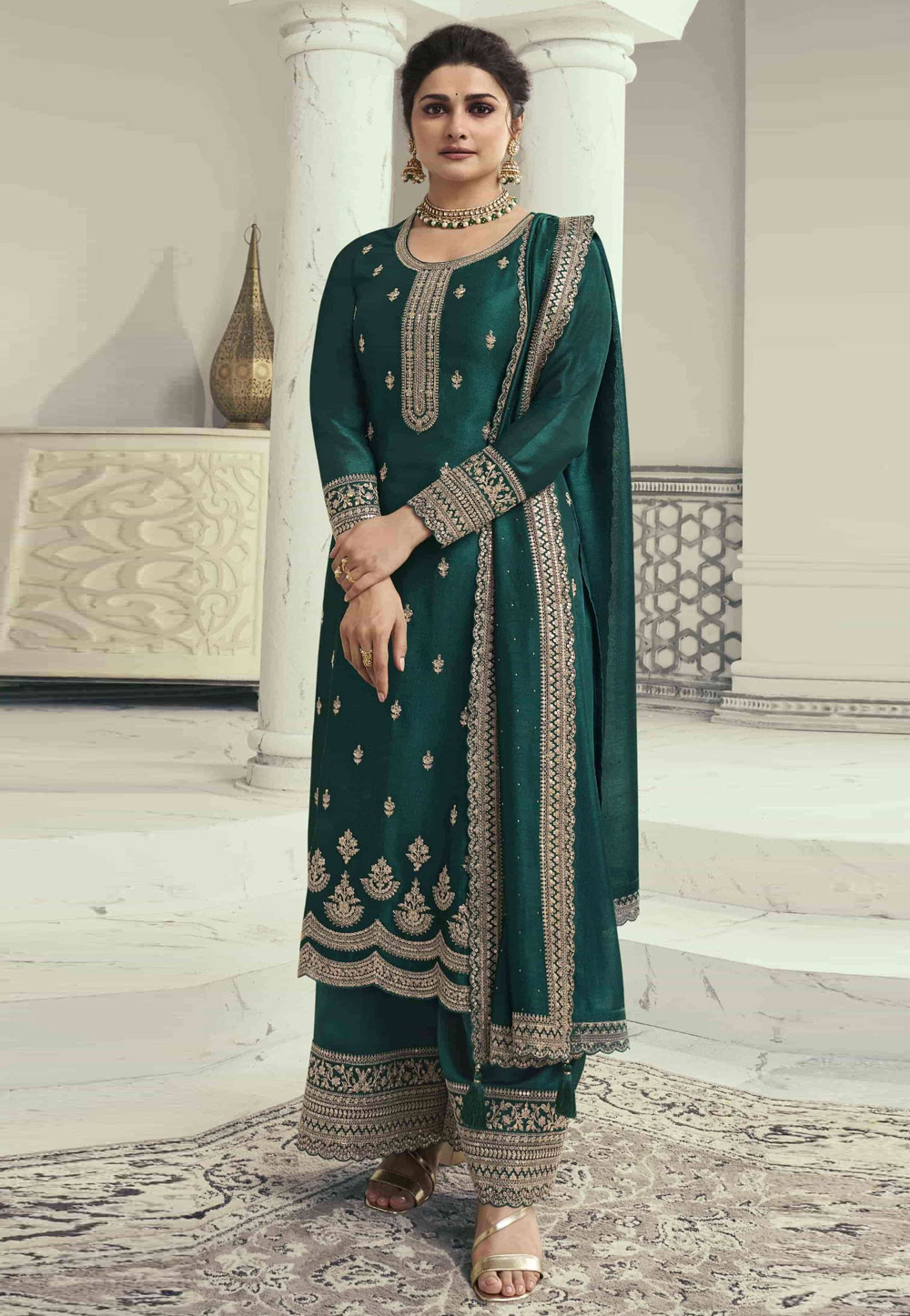 Prachi Desai Green Silk Georgette Palazzo Suit 321204