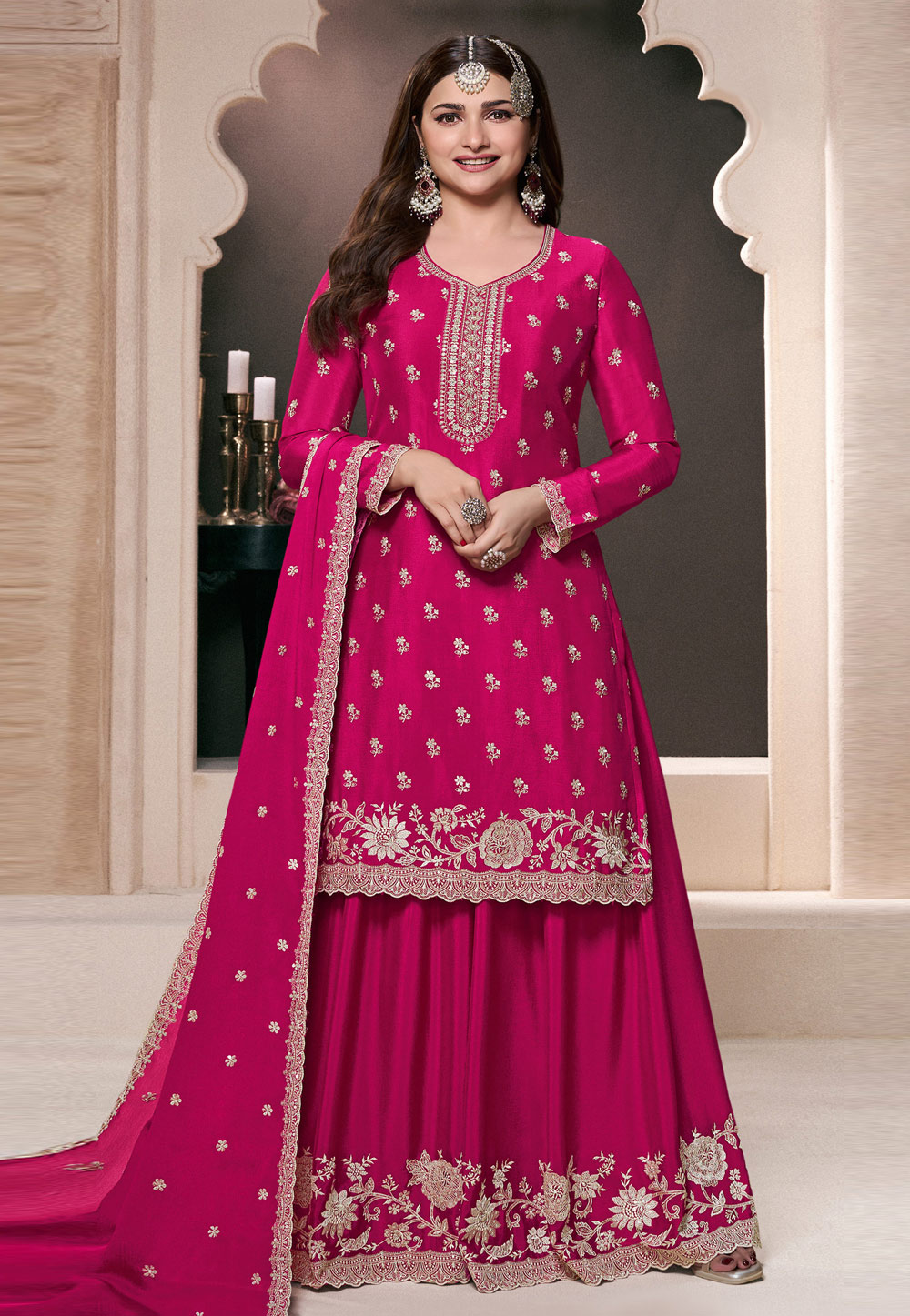 Prachi Desai Magenta Chinon Palazzo Suit 307554