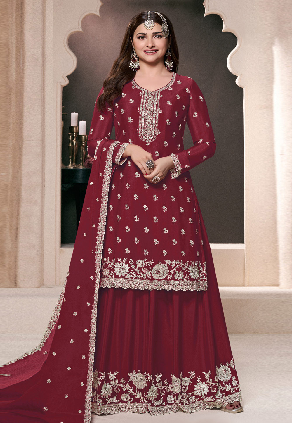 Prachi Desai Maroon Chinon Palazzo Suit 307558