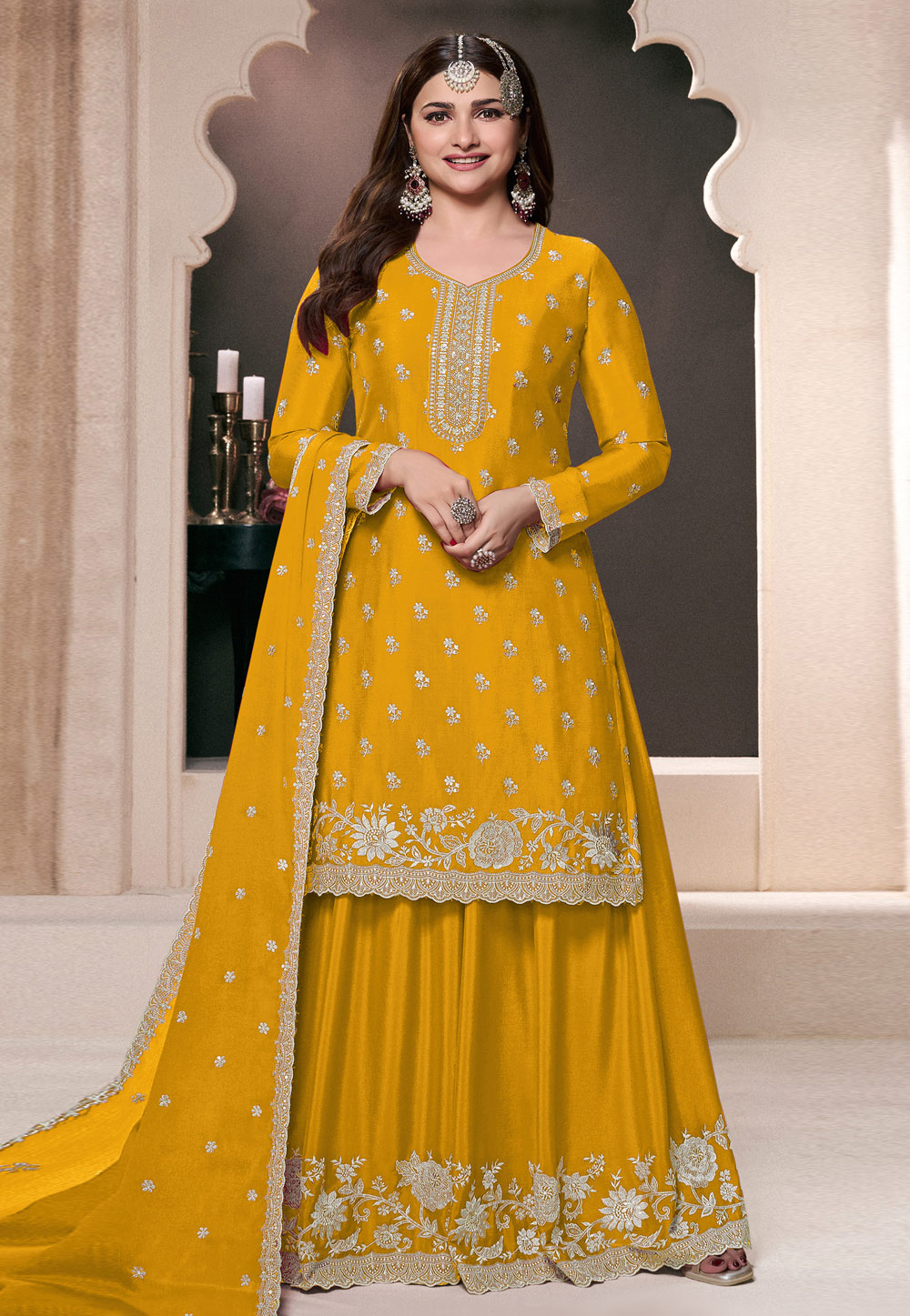 Prachi Desai Mustard Chinon Pakistani Suit 307559