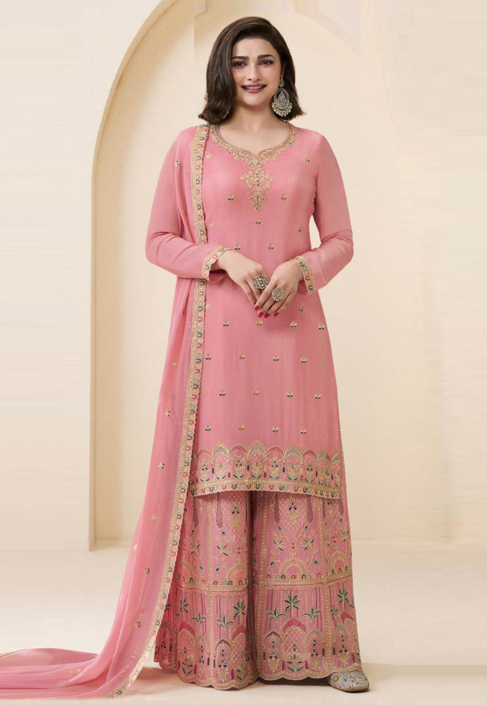 Prachi Desai Pink Chinon Palazzo Suit 308407