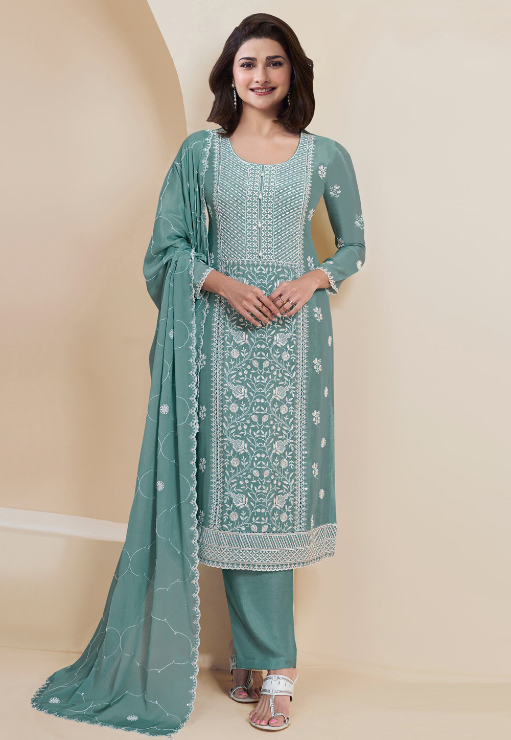 Prachi Desai Sea Green Faux Georgette Straight Suit 307484