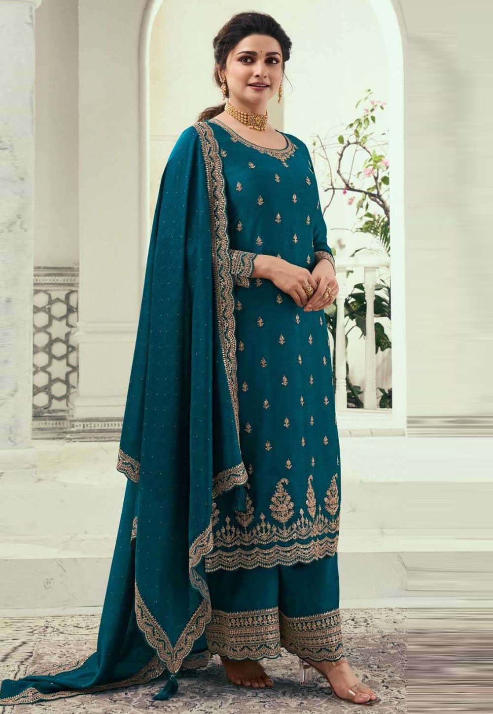 Prachi Desai Teal Silk Georgette Palazzo Suit 321202