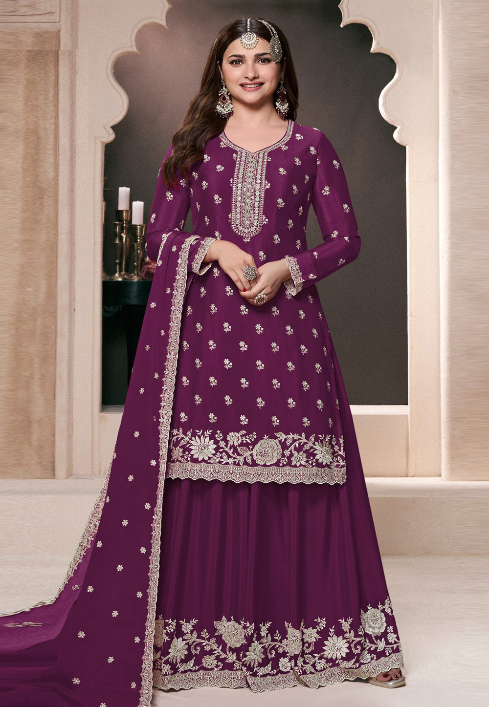 Prachi Desai Wine Chinon Palazzo Suit 307556